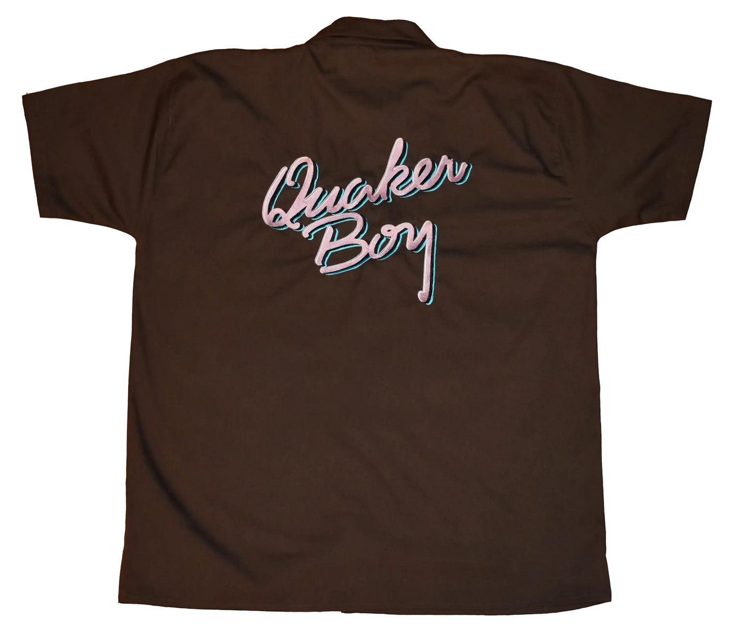 Back of Brown Button Up Workshop Shirt With Pink/Blue Vice City Embroidery