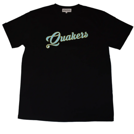 black t-shirt screenprinted script grahpic